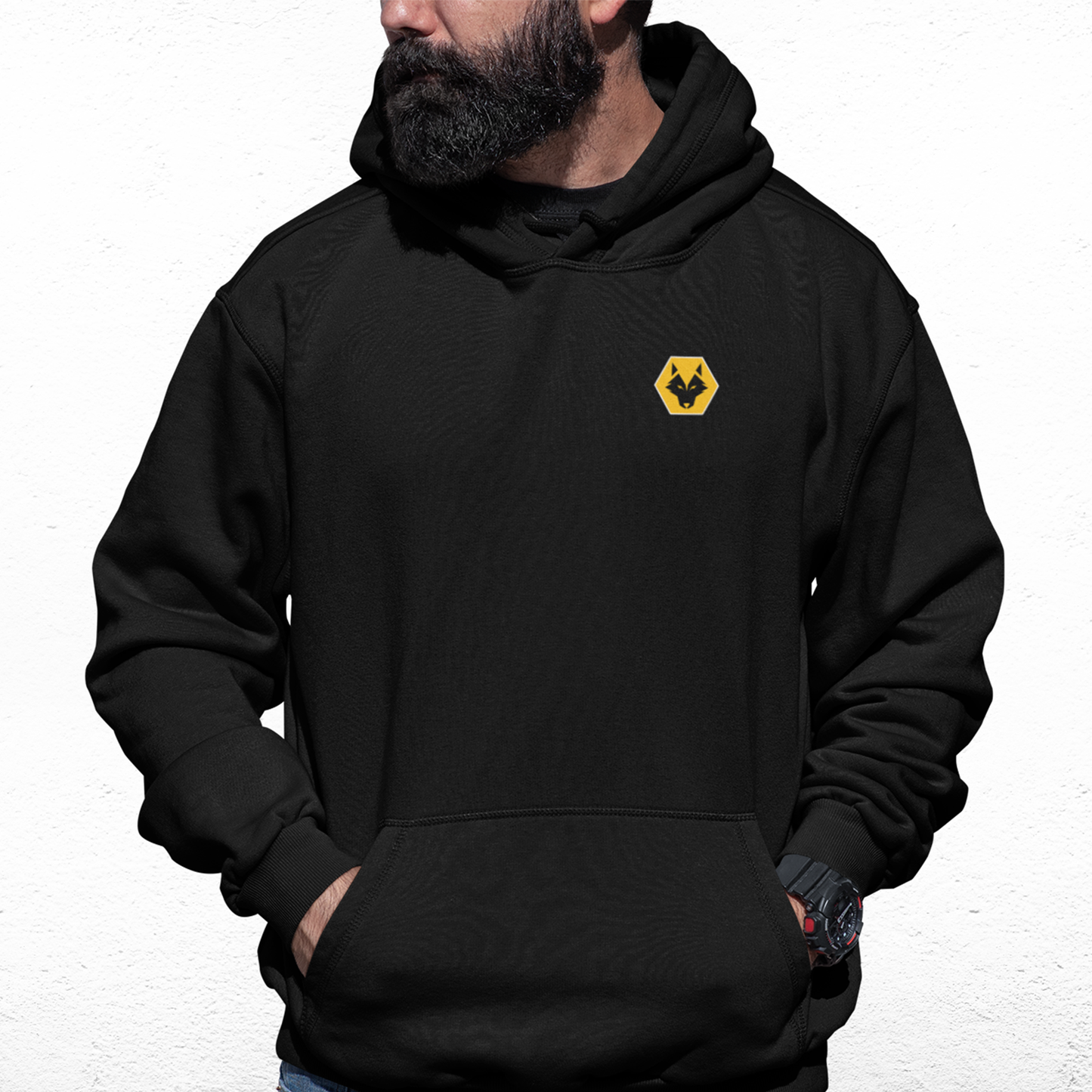 Wolves Black Mens Hoodie, Kangaroo Pouch Pocket, Self-Coloured Cords, 80% Cotton/20% Polyester, Embroidered WeAreWolves Logo