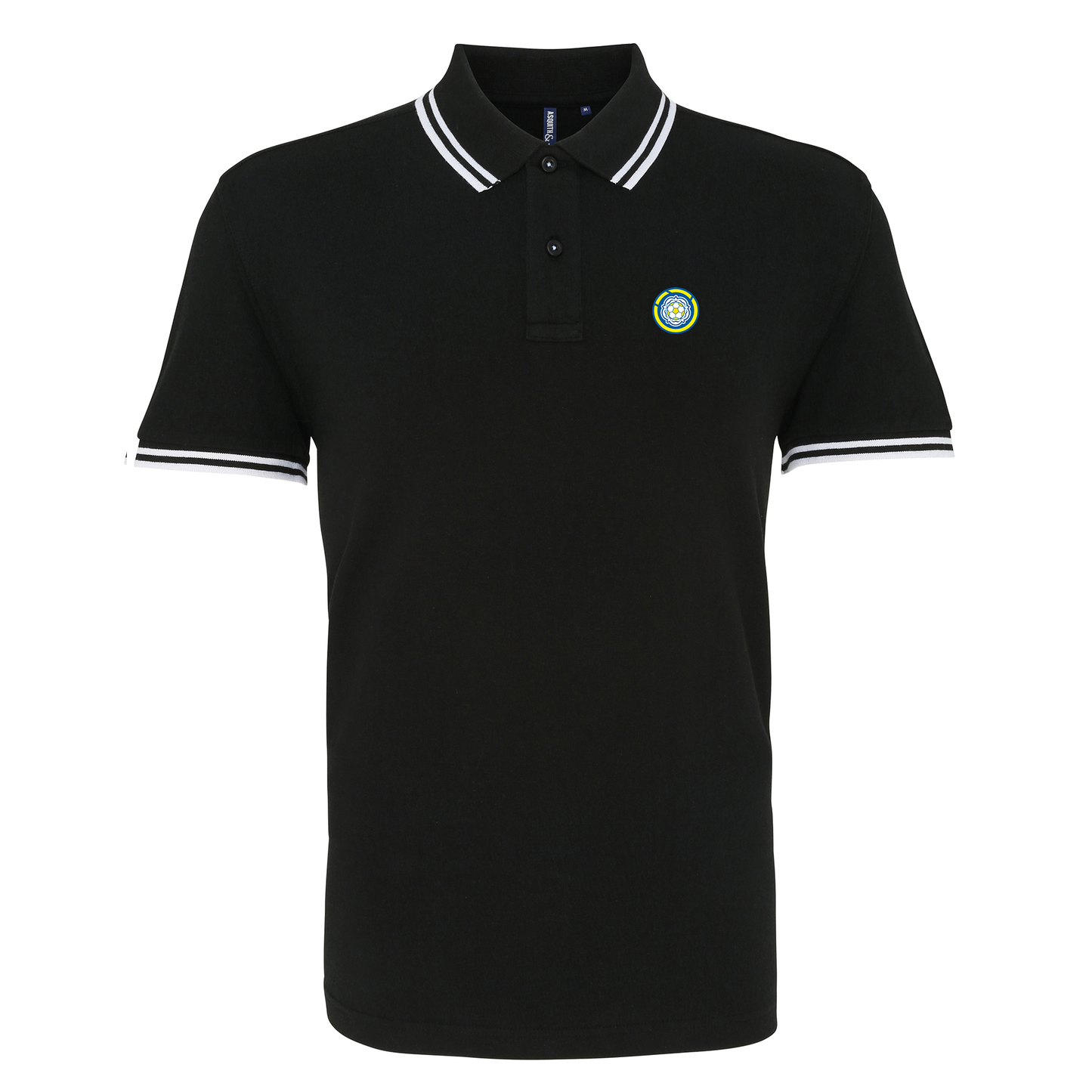 Leeds FC Black and White Tipped Mens Two Button Polo Shirt, 100% Cotton, Short-Sleeve, Embroidered LUFC MOT Logo