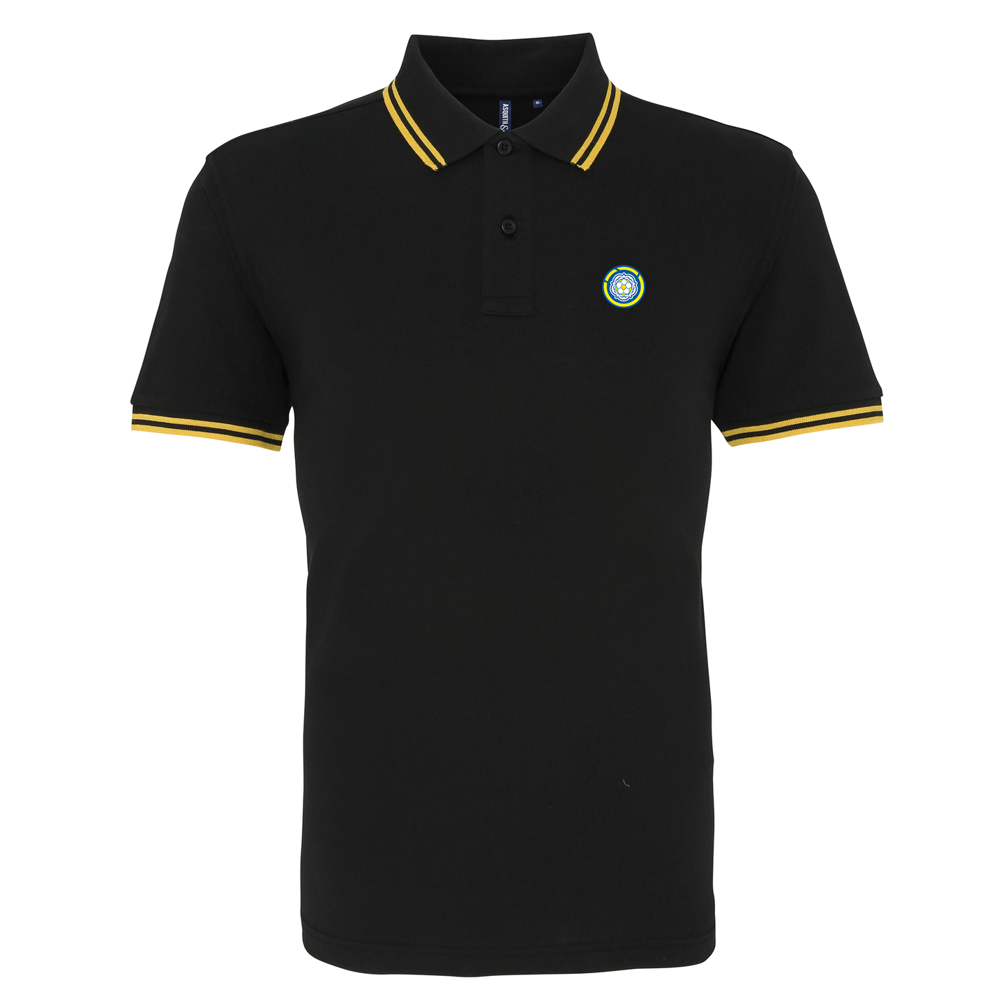 Leeds FC Black and Yellow Tipped Mens Two Button Polo Shirt, 100% Cotton, Short-Sleeve, Embroidered LUFC MOT Logo
