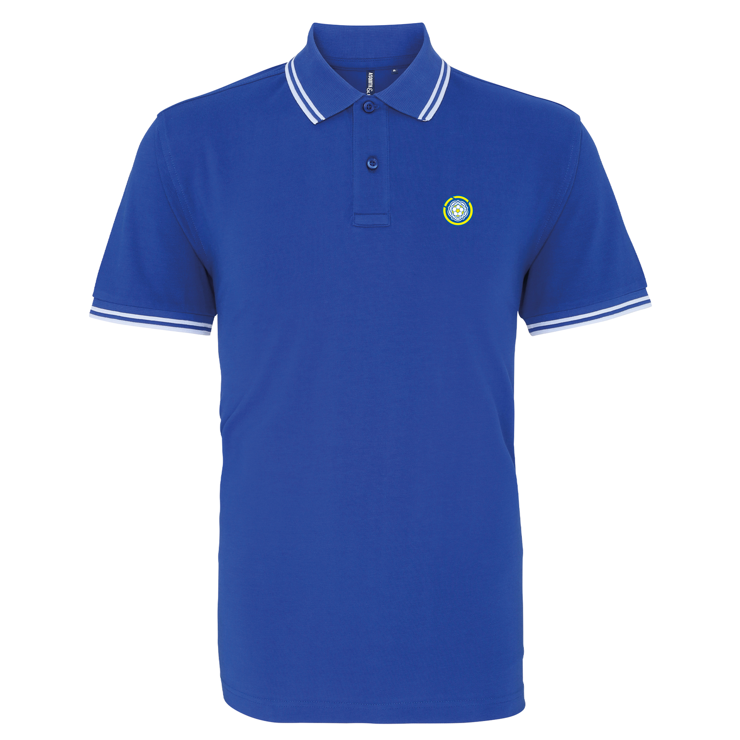 Leeds FC Blue and White Tipped Mens Two Button Polo Shirt, 100% Cotton, Short-Sleeve, Embroidered LUFC MOT Logo