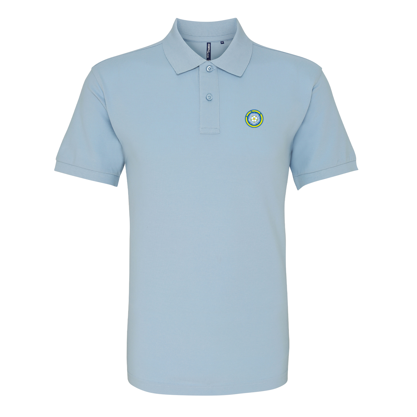 Leeds Light Blue Mens Three Button Polo Shirt, 100% Polyester, Short-Sleeve, Embroidered LUFC MOT Logo