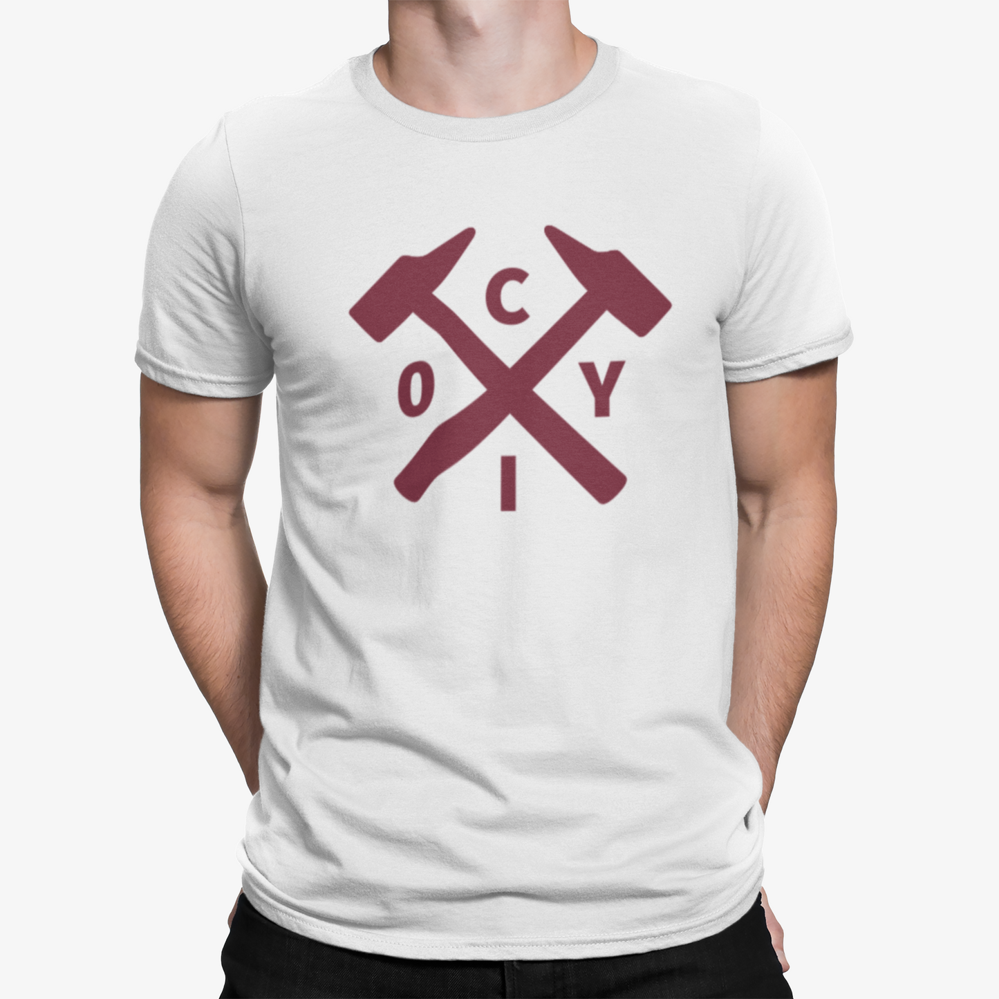 West Ham White Mens Heavy T-Shirt, 100% Cotton, Short-Sleeve Crew Neck, Large Print COYIrons Logo
