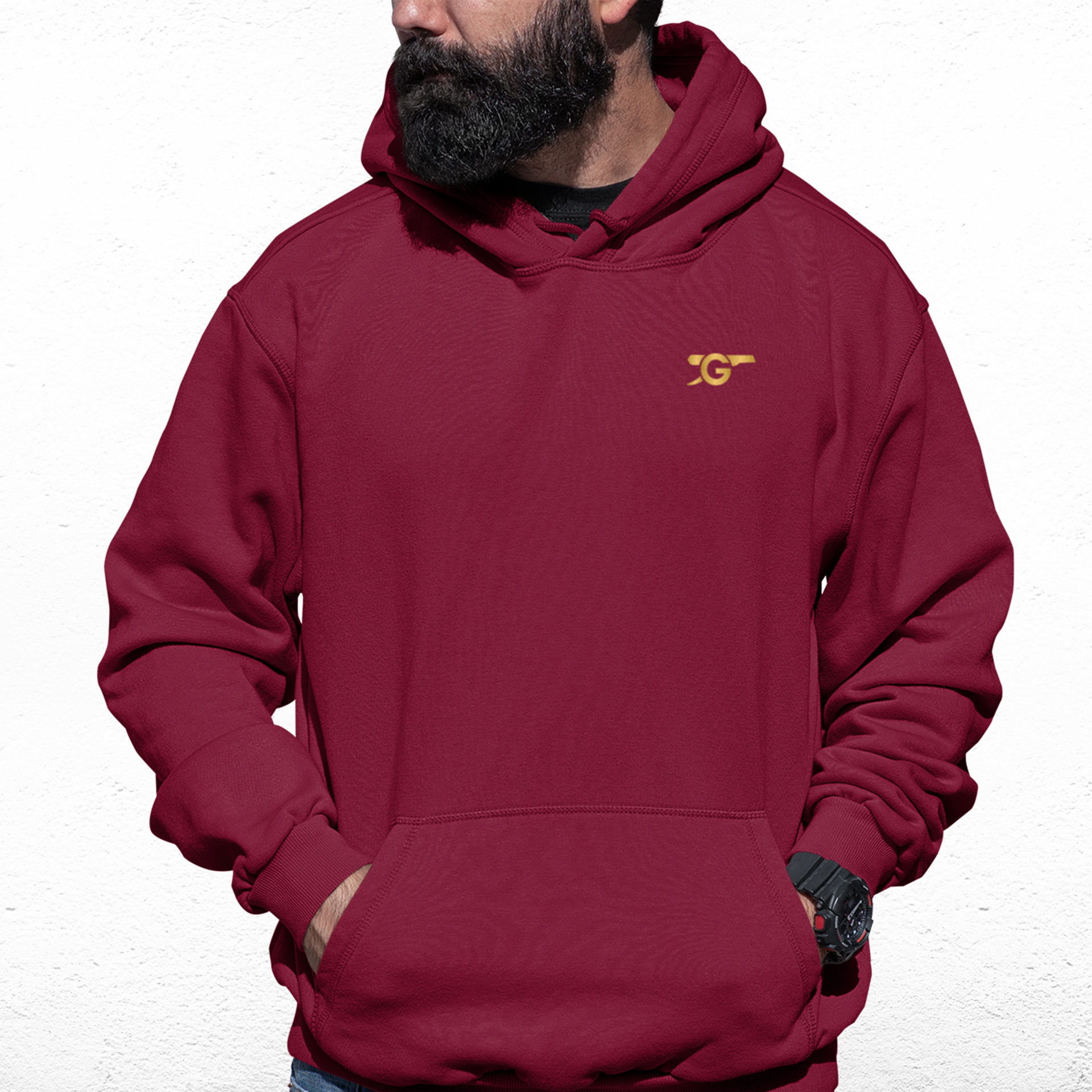 Arsenal Burgundy Mens Hoodie, Kangaroo Pouch Pocket, Self-Coloured Cords, 80% Cotton/20% Polyester, Embroidered Gunners Logo