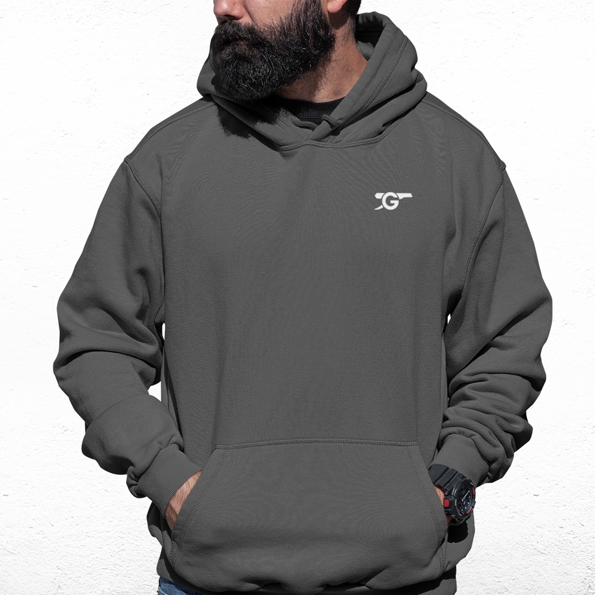 Arsenal Charcoal Mens Hoodie, Kangaroo Pouch Pocket, Self-Coloured Cords, 80% Cotton/20% Polyester, Embroidered Gunners Logo