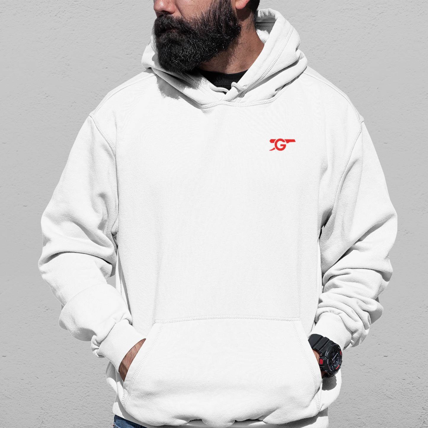 Arsenal White Mens Hoodie, Kangaroo Pouch Pocket, Self-Coloured Cords, 80% Cotton/20% Polyester, Embroidered Gunners Logo