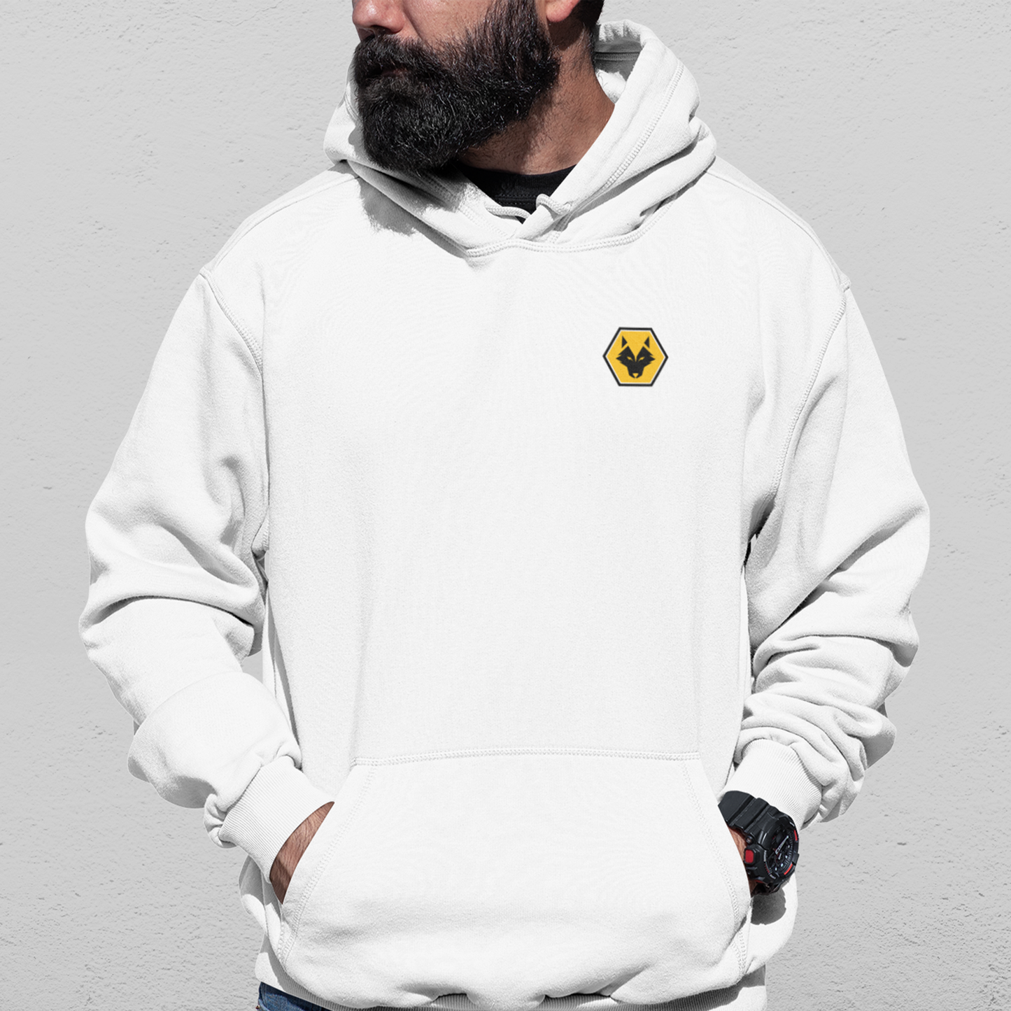 Wolves White Mens Hoodie, Kangaroo Pouch Pocket, Self-Coloured Cords, 80% Cotton/20% Polyester, Embroidered WeAreWolves Logo