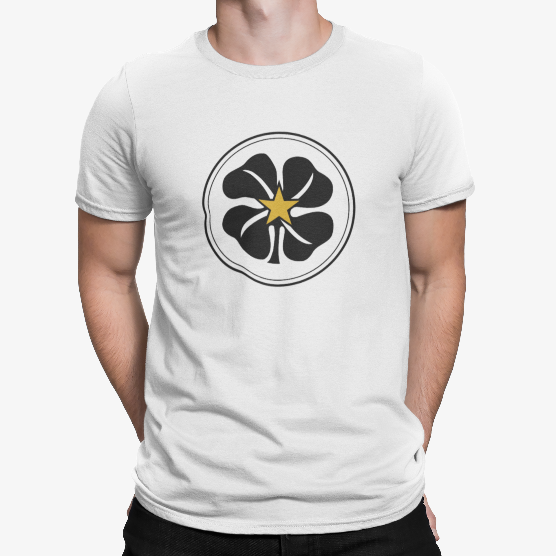 Celtic White and Black Mens Heavy T-Shirt, 100% Cotton, Short-Sleeve Crew Neck, Large Print Celtic1967 logo					