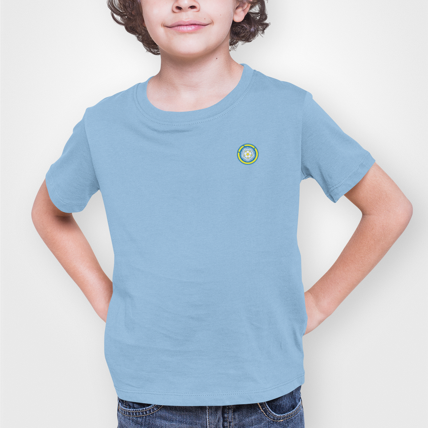 Leeds Light Blue Childrens T-Shirt, 100% Cotton, Short-Sleeve, Embroidered LUFC MOT Logo