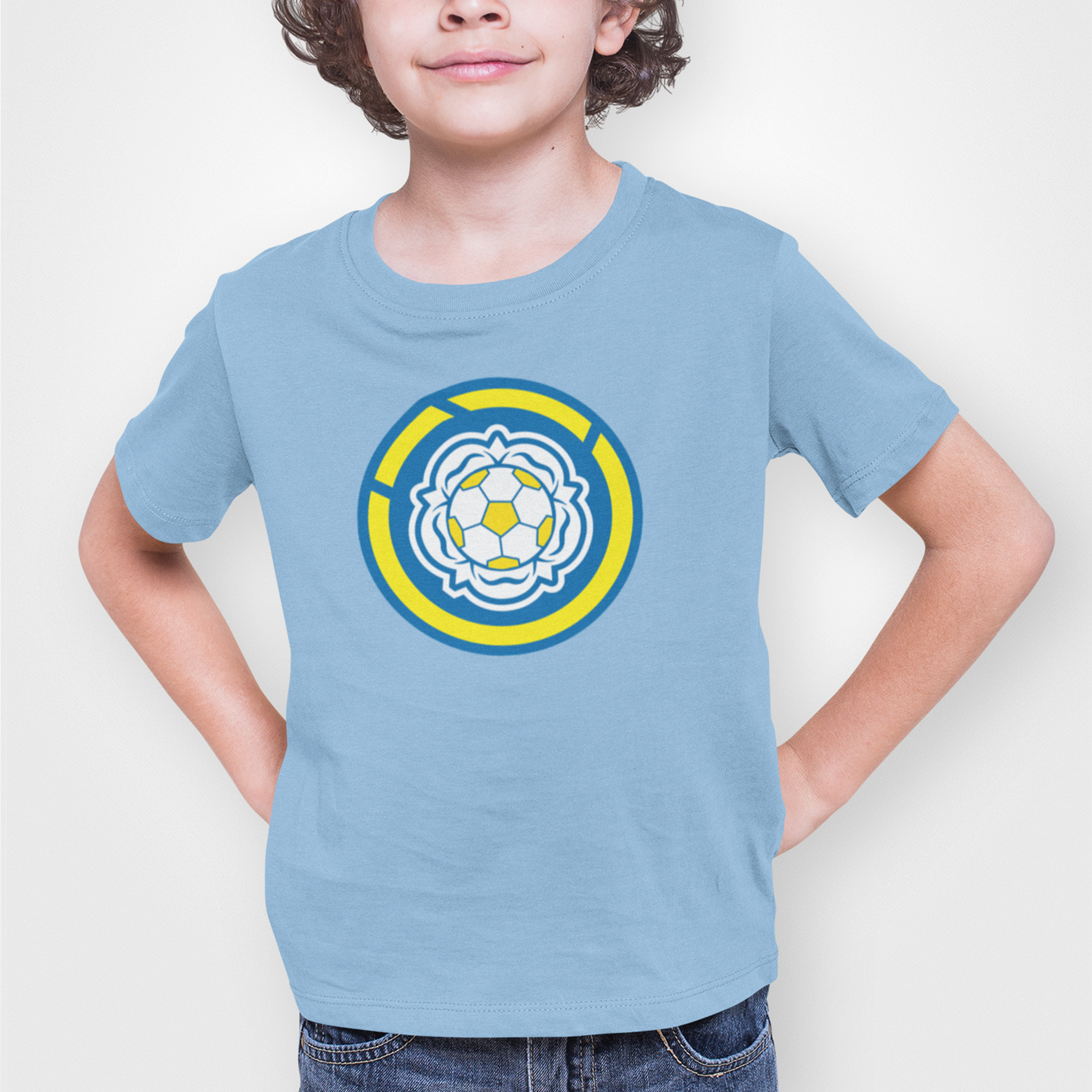 Leeds Light Blue Childrens T-shirt, 100% Cotton, Short-Sleeve, Large Print LUFC MOT Logo