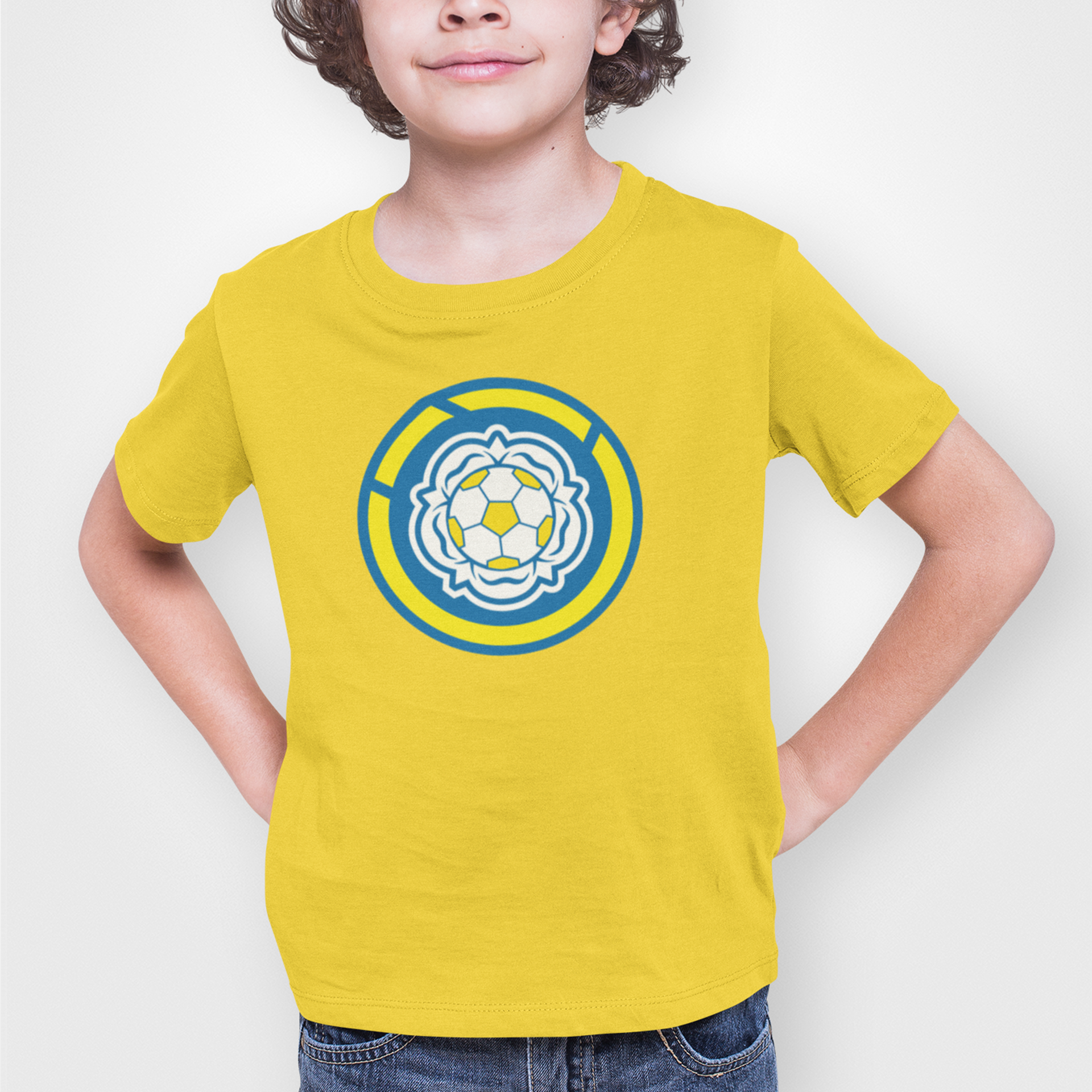 Leeds Yellow Childrens T-shirt, 100% Cotton, Short-Sleeve, Large Print LUFC MOT Logo