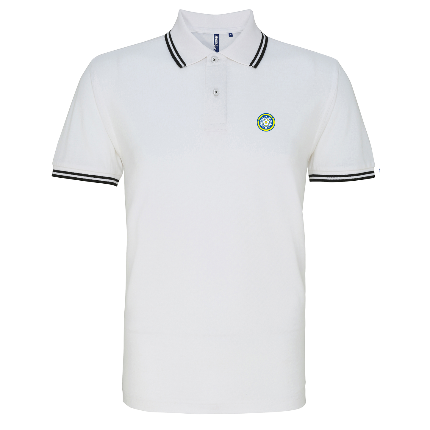 Leeds FC White and Black Tipped Mens Two Button Polo Shirt, 100% Cotton, Short-Sleeve, Embroidered LUFC MOT Logo