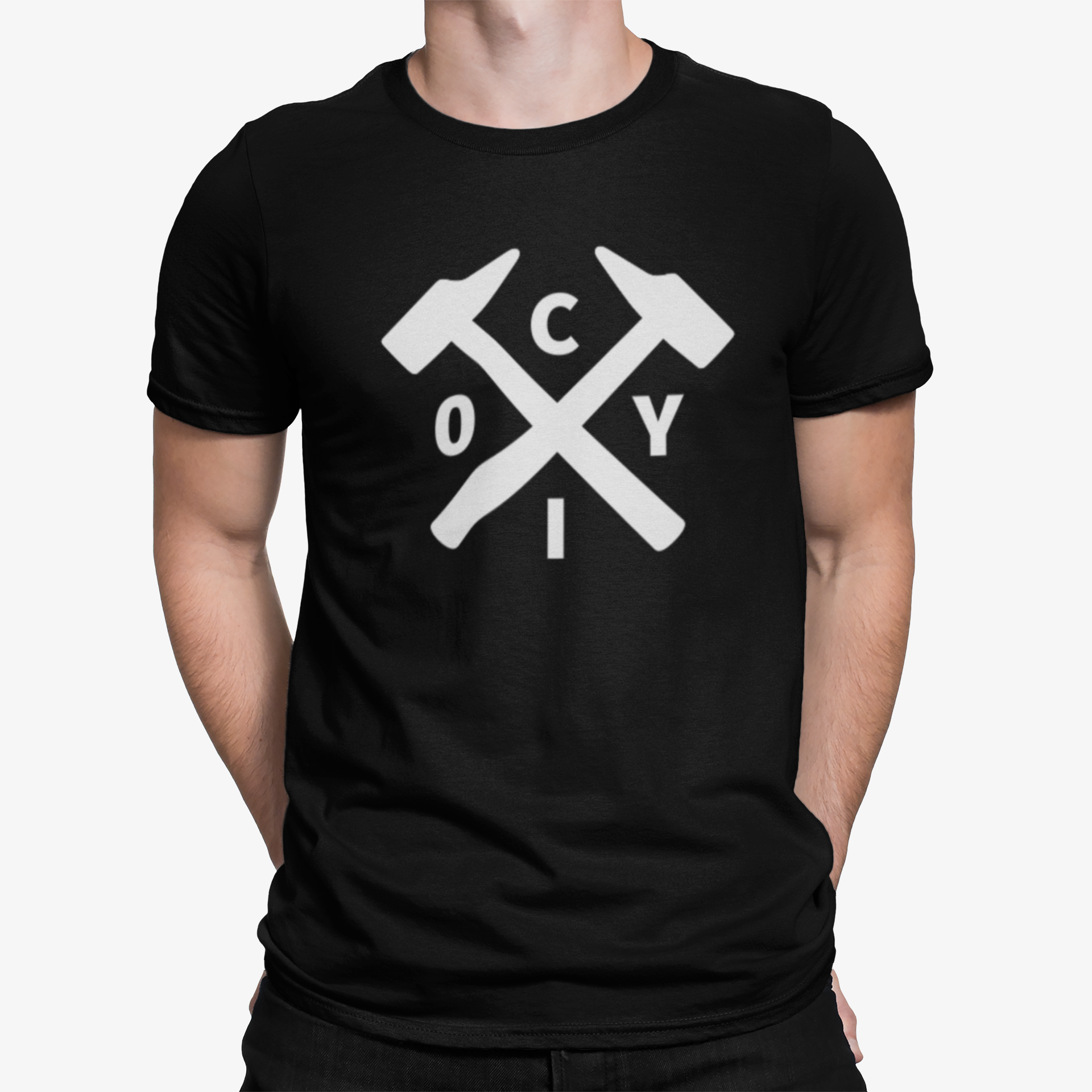 West Ham Black Mens Heavy T-Shirt, 100% Cotton, Short-Sleeve Crew Neck, Large Print COYIrons Logo