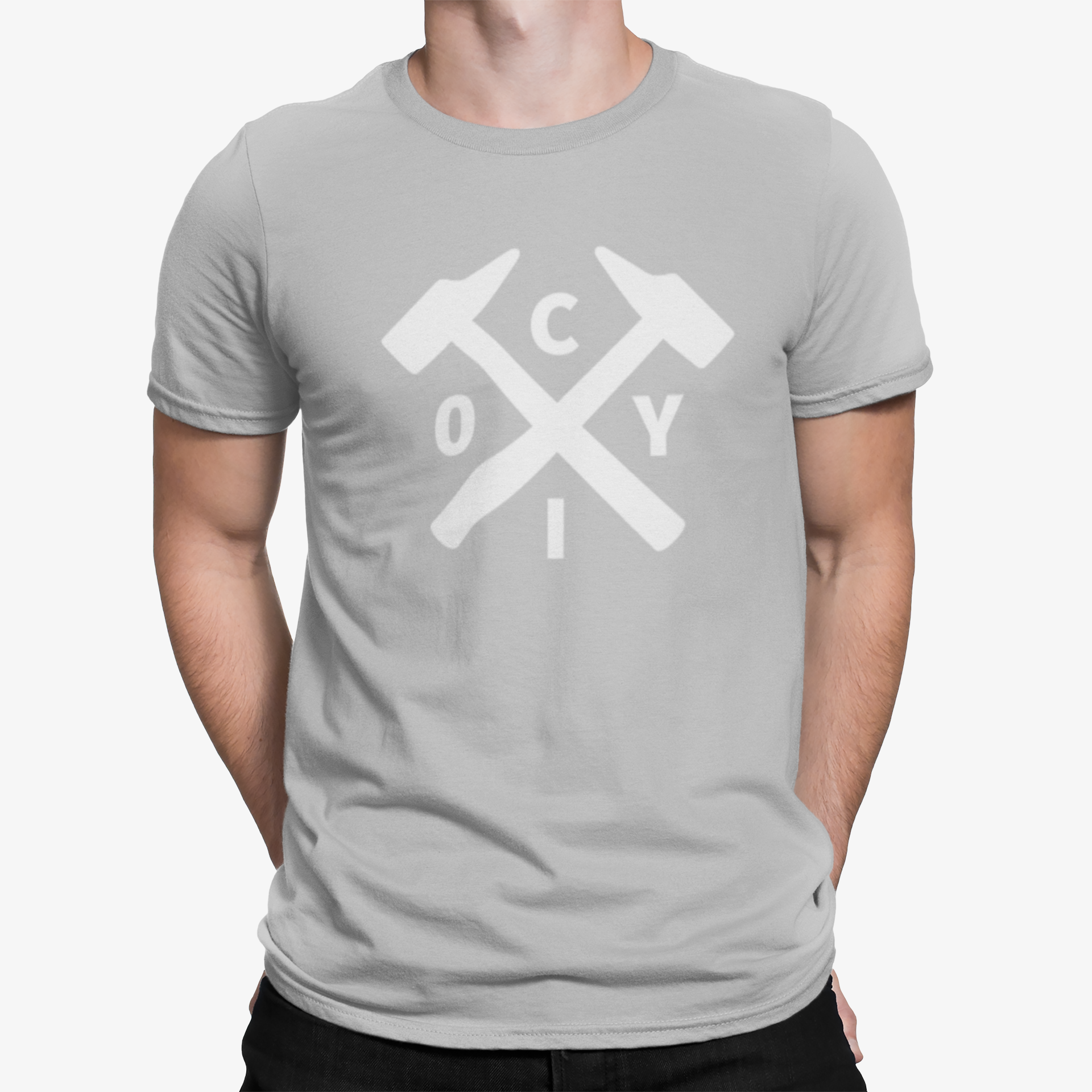 West Ham Grey Mens Heavy T-Shirt, 100% Cotton, Short-Sleeve Crew Neck, Large Print COYIrons Logo
