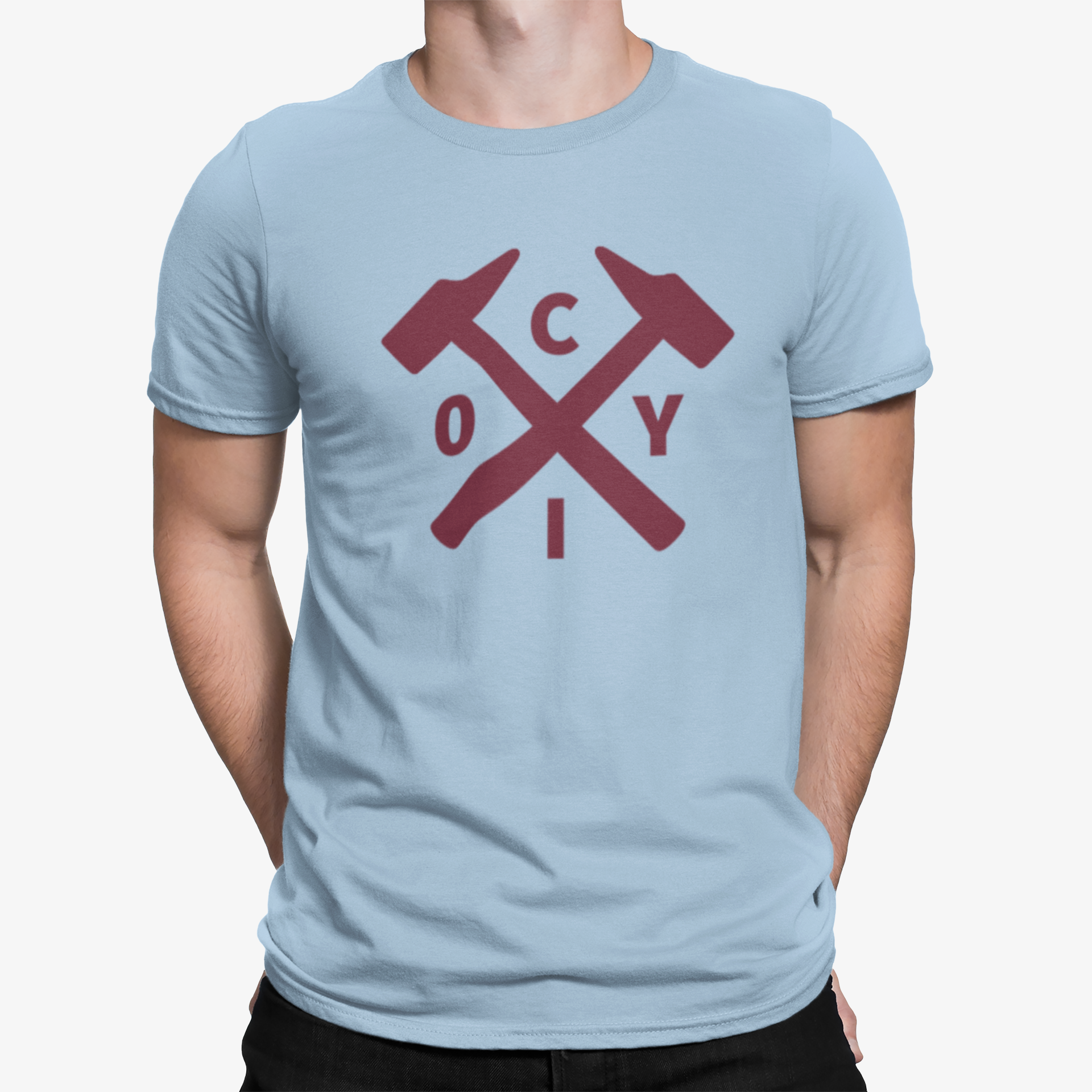 West Ham Light Blue Mens Heavy T-Shirt, 100% Cotton, Short-Sleeve Crew Neck, Large Print COYIrons Logo