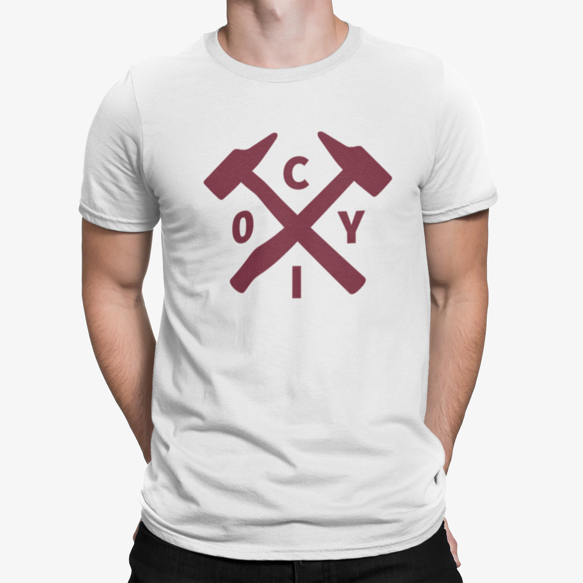 West Ham White Mens Heavy T-Shirt, 100% Cotton, Short-Sleeve Crew Neck, Large Print COYIrons Logo